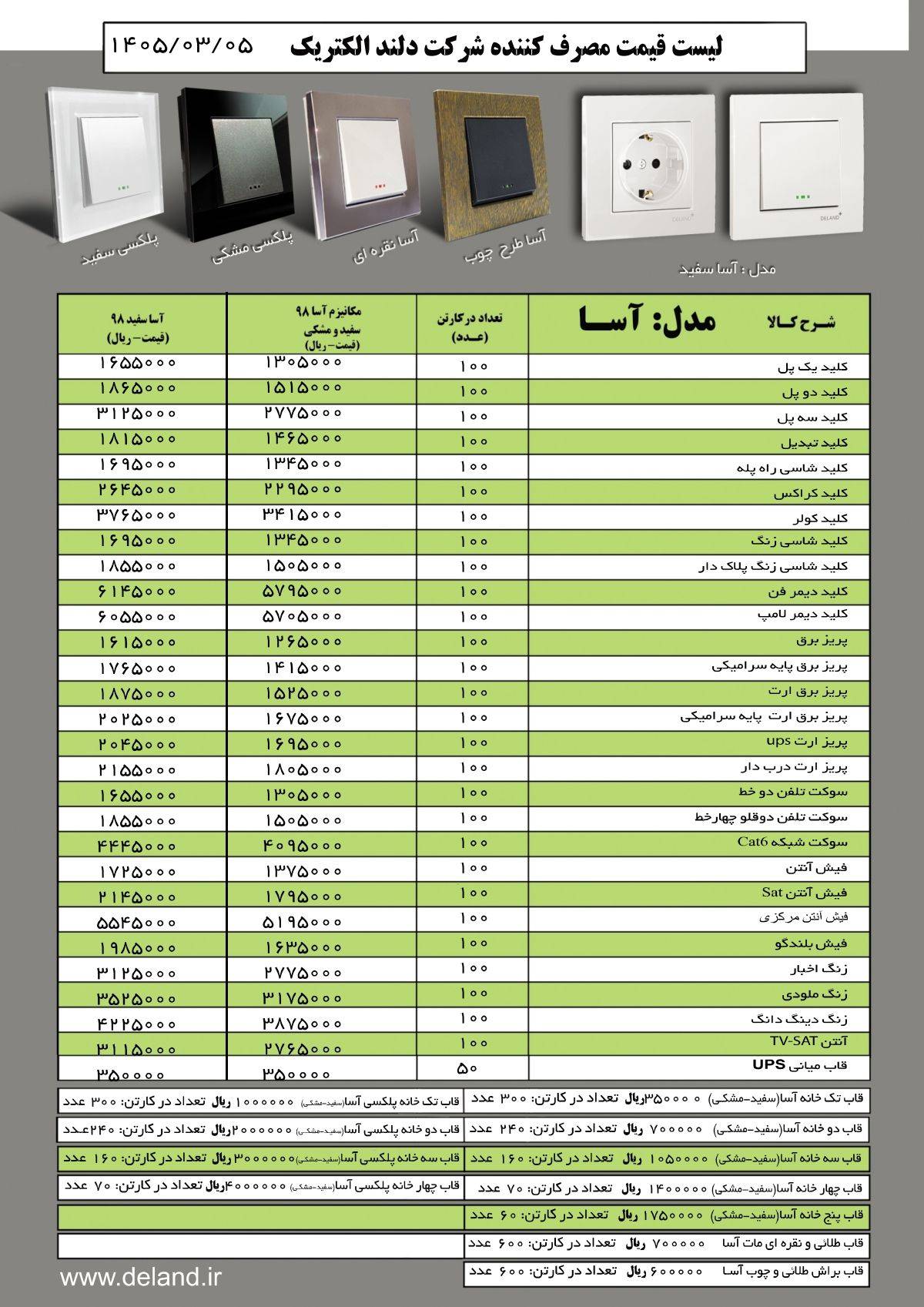 لیست قیمت کلید پریز دلند مدل آسا خرداد 1405